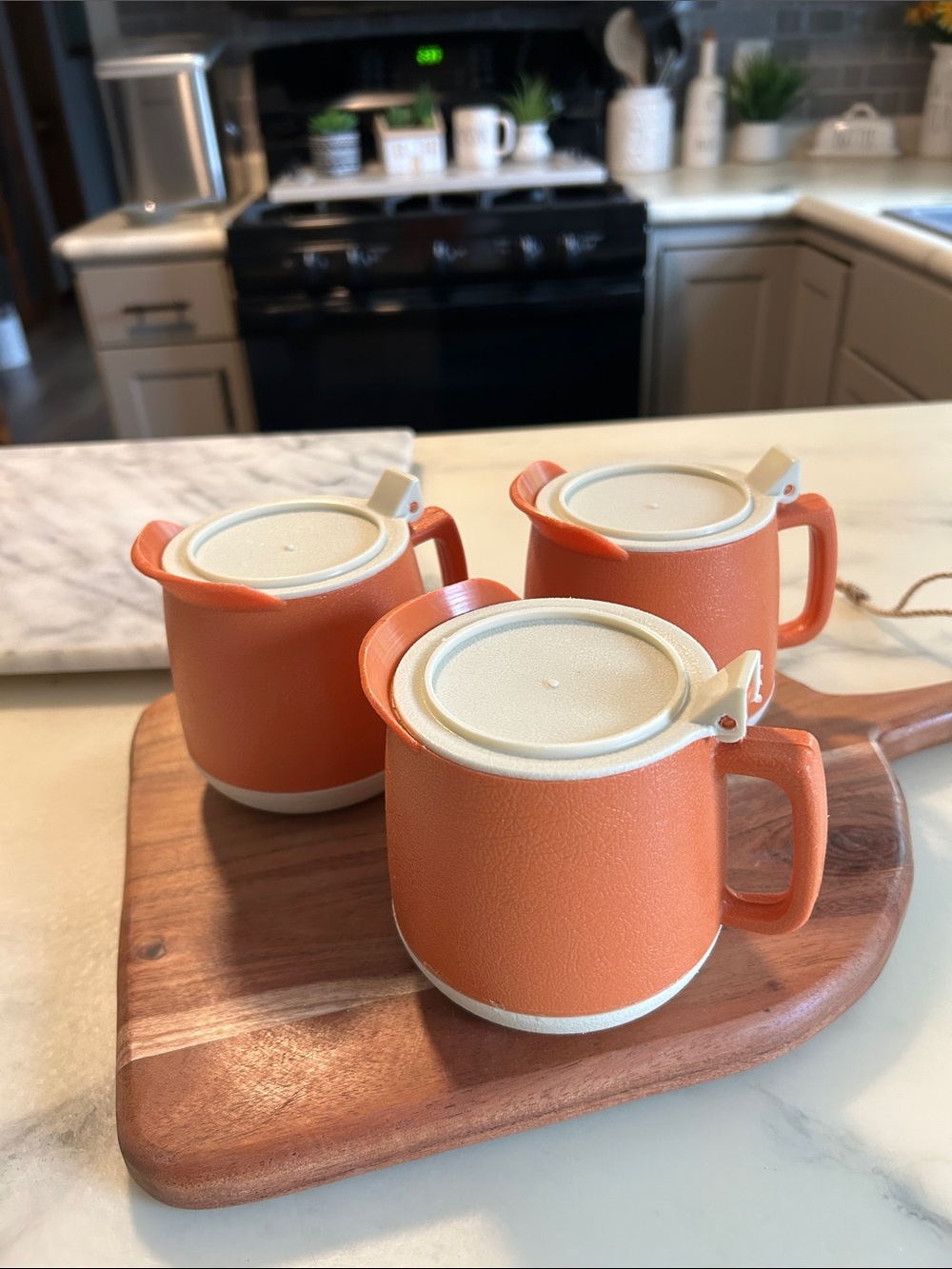 Set of Three Orange Retro Cream-Lidded Thermal Mugs La Bean Brand made in USA